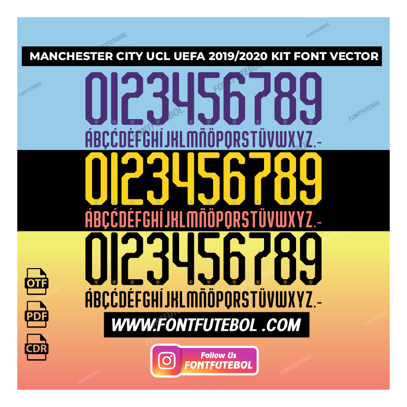 MANCHESTER CITY UCL UEFA 2019/2020 KIT FONT VECTOR